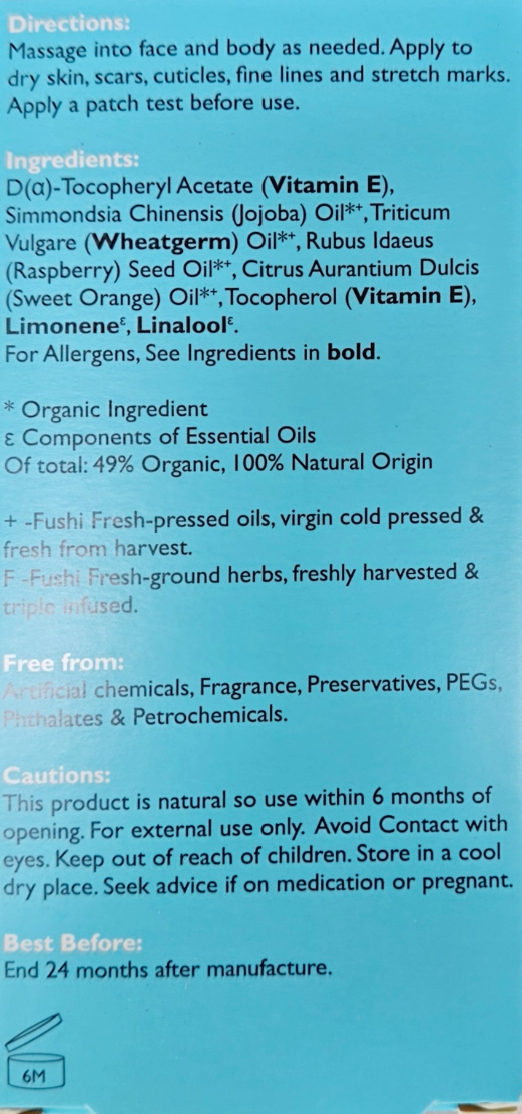 Product label with directions, ingredients, and safety information on a blue background
