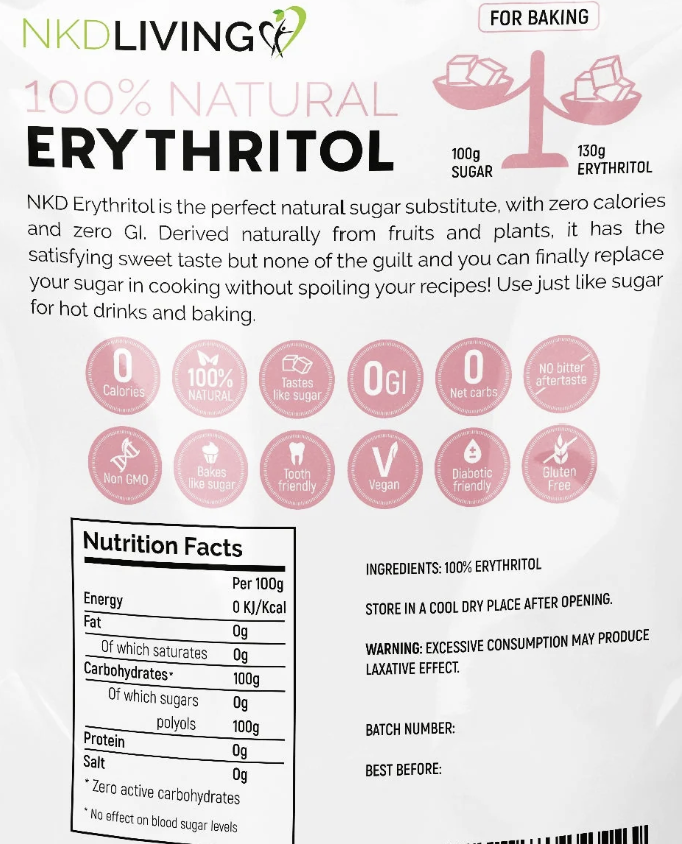 Naked Living erythritol packaging with nutritional information and ingredients list.