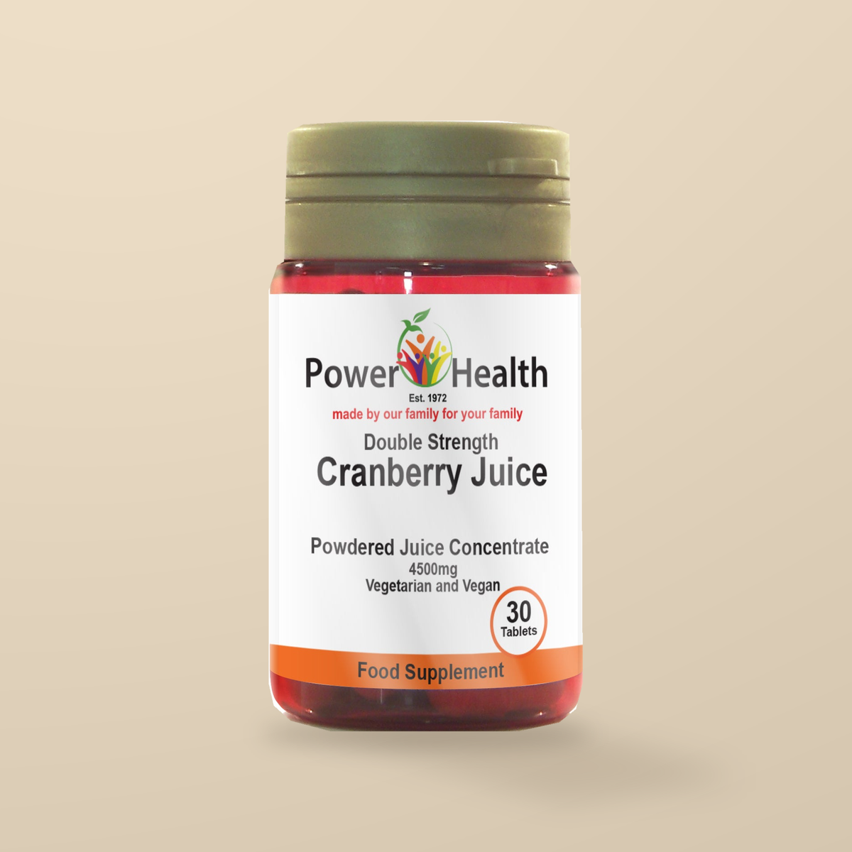 Power Health Cranberry Juice Double Strength 4500mg 30 Tablets — original product packaging on warm beige background
