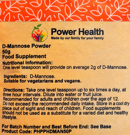 Power Health D-Mannose Powder 50g ingredients and directions label