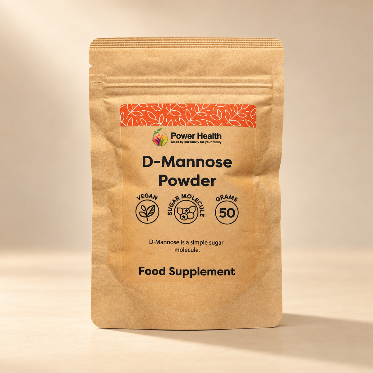Power Health D-Mannose Powder 50g pouch on a warm beige background