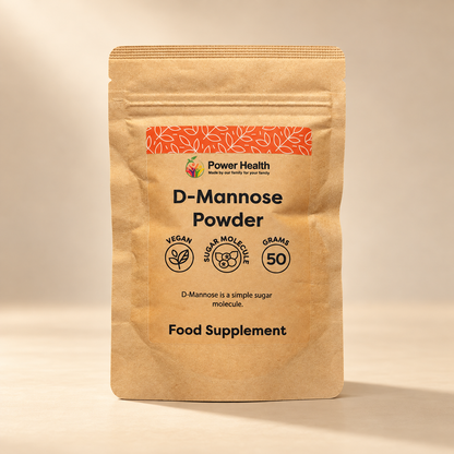 Power Health D-Mannose Powder 50g pouch on a warm beige background