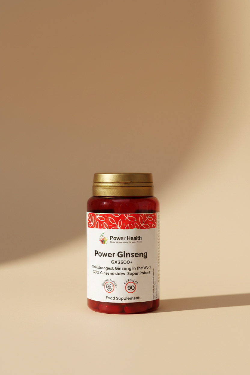 A bottle of Power Health Power Ginseng GX2500+ food supplement with a red body, gold cap, and white label, resting on a wooden surface.