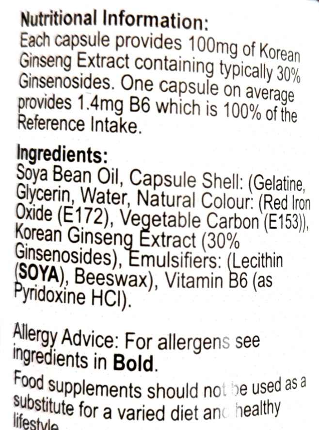 Close-up of a supplement label showing nutritional information and ingredients in English text on a white background.