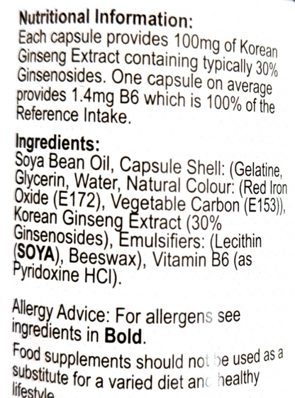 Close-up of a supplement label showing nutritional information and ingredients in English text on a white background.