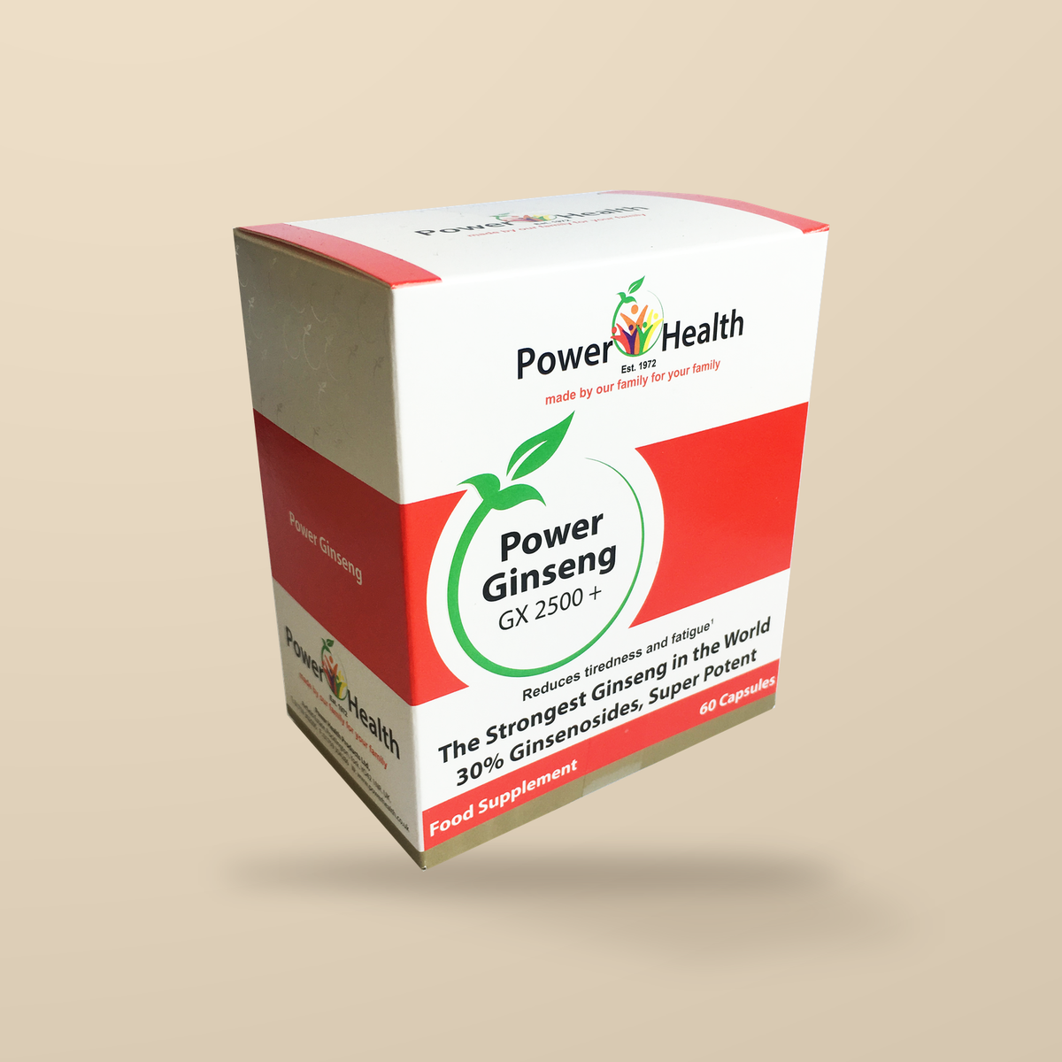 Power Health Korean Ginseng GX2500+ 60 Capsules — original product packaging on warm beige background