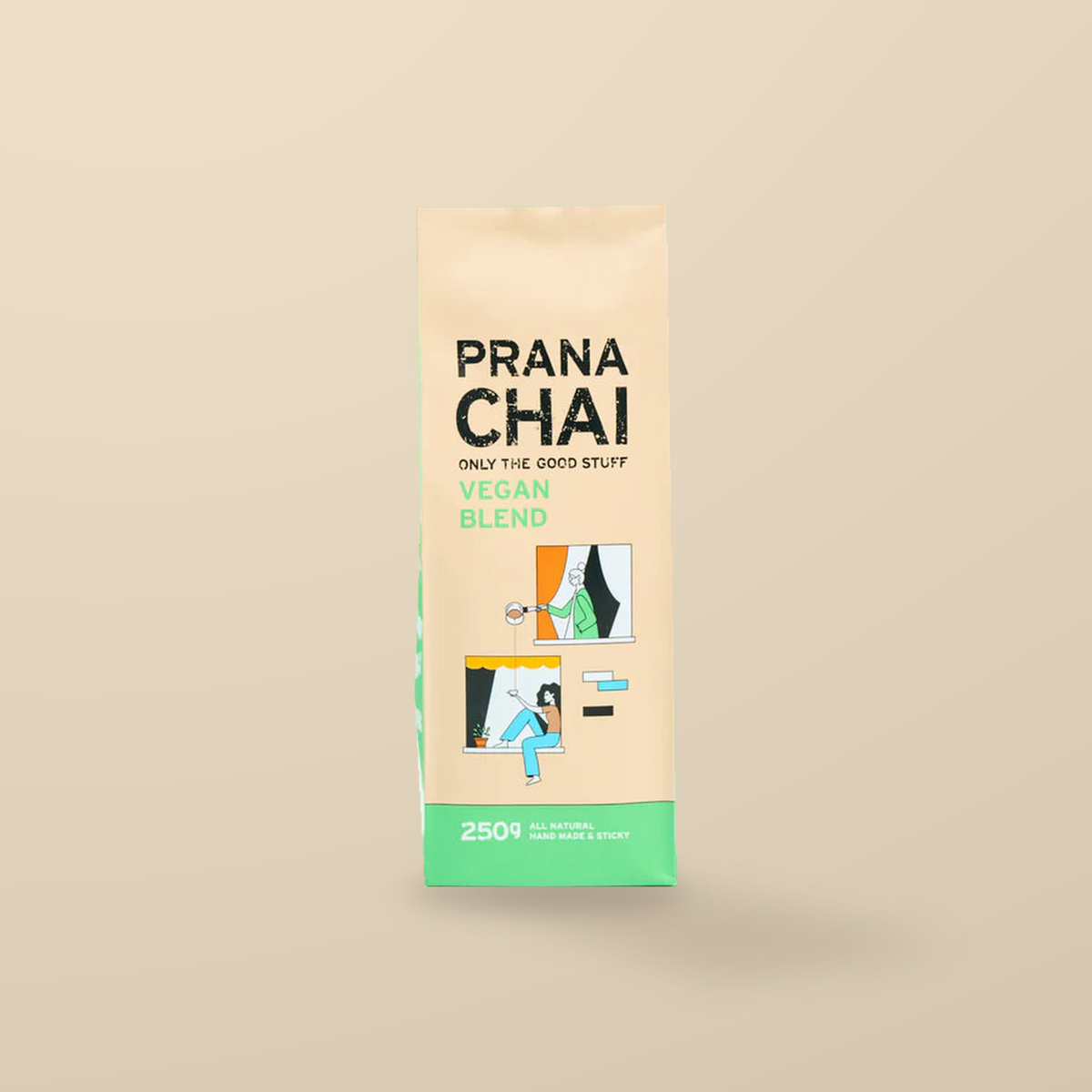 Prana Chai Vegan Agave Blend 250g — original product packaging on warm beige background