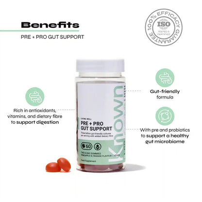 "Known Pre+Pro Gut Support Gummies VEGAN bottle highlighting gut health support, digestion balance, and microbiome nourishment."