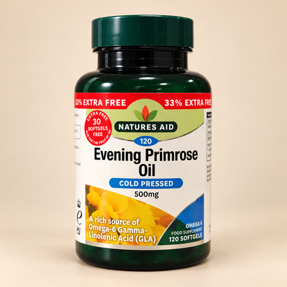 Natures Aid Evening Primrose Oil 500mg 120 softgels — bottle on warm cream background