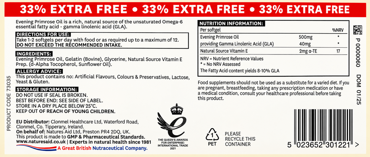 Natures Aid Evening Primrose Oil 500mg 120 softgels — complete label with directions, ingredients and nutrition