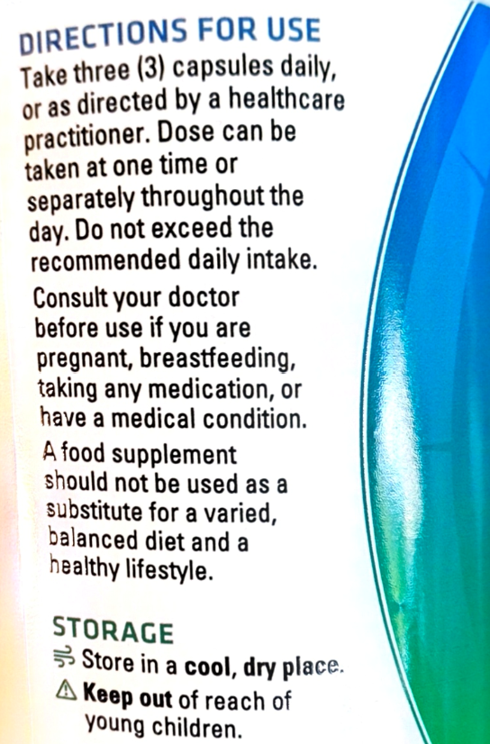 Close-up of a supplement package label showing directions for use and storage instructions in black text on a white background with a blue-green curved graphic on the right.