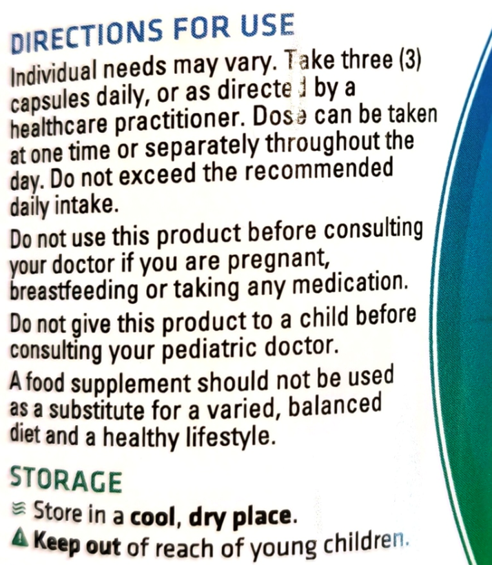 Close-up of a printed supplement package showing directions for use in blue text, with additional storage instructions below on a white background with a teal curved graphic at the right edge.