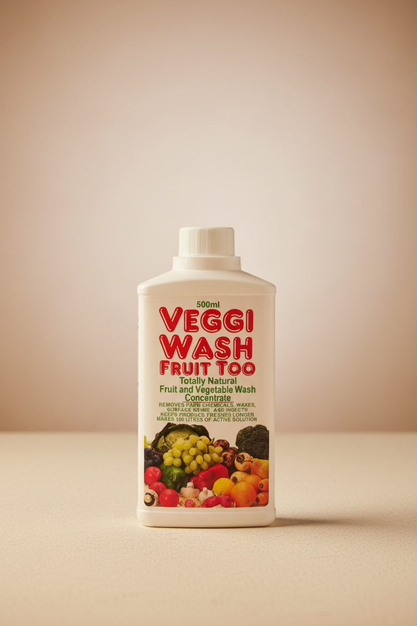 Veggi Wash Fruit Too bottle with fruit and vegetable imagery on a white background