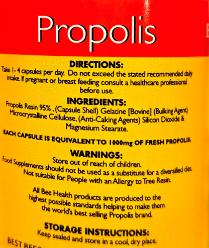 Close-up of a yellow and red supplement label for Propolis capsules, showing directions, ingredients, warnings, and storage instructions.