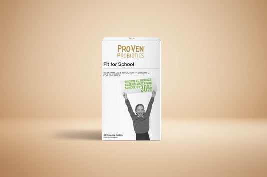 Proven Probiotics packaging for children with a child holding a sign, on a white background