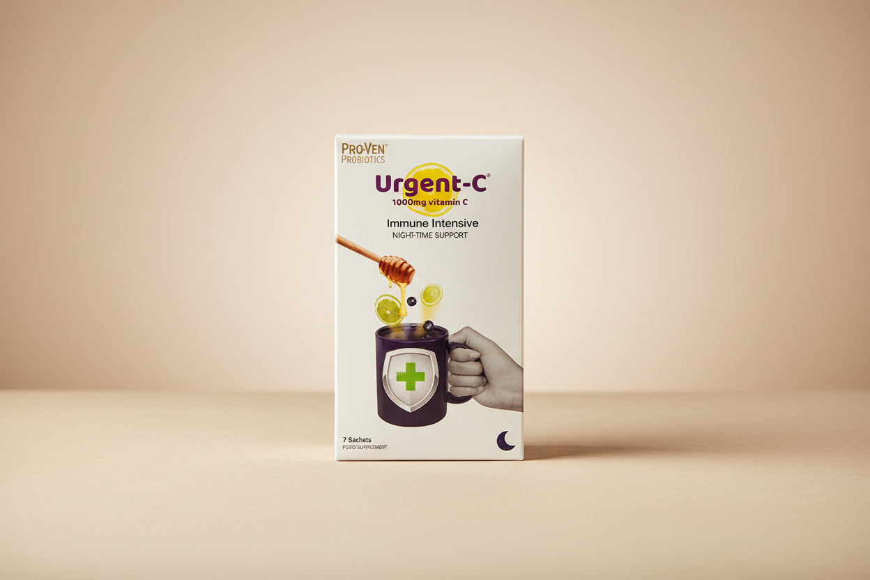 Urgent-C vitamin C supplement packaging with a mug and honey dipper illustration on a white background.