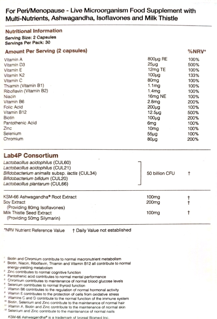 A close-up of a black-and-white product label showing nutritional information and ingredient claims for a pet supplement. The label includes sections for Nutritional Information, ingredients, and a Lab4P Consortium claims section with text about microbiome support and listed ingredients such as Vitamin A, C, D, E, and B12.