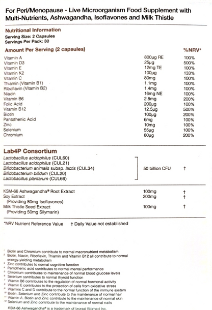 A close-up of a black-and-white product label showing nutritional information and ingredient claims for a pet supplement. The label includes sections for Nutritional Information, ingredients, and a Lab4P Consortium claims section with text about microbiome support and listed ingredients such as Vitamin A, C, D, E, and B12.