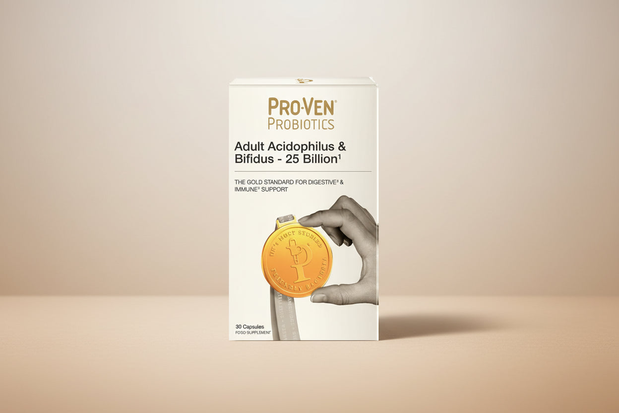ProVen Probiotics package with a hand holding a gold coin on a white background