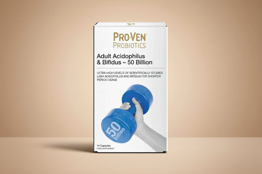 ProVen Probiotics package with blue dumbbells on a white background
