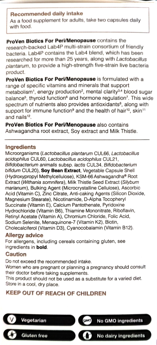 A white rectangular supplement package with a large red oval logo and black text, plus a small ingredient list and usage note printed on the front.
