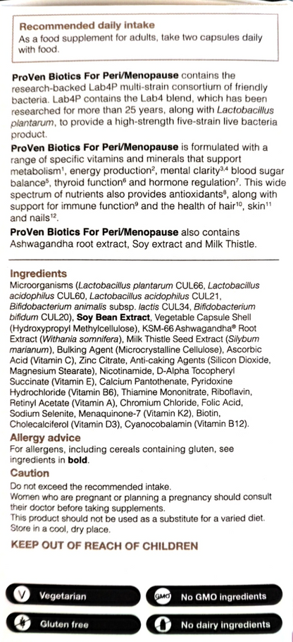 A white rectangular supplement package with a large red oval logo and black text, plus a small ingredient list and usage note printed on the front.