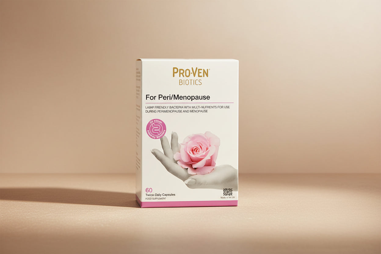 Proven Biotics packaging for peri/menopause with a pink rose and hand on a white background