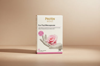 Proven Biotics packaging for peri/menopause with a pink rose and hand on a white background