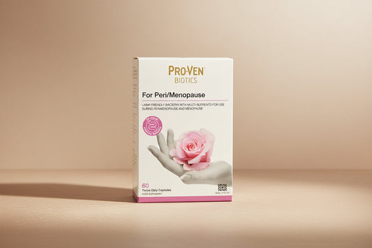 Proven Biotics packaging for peri/menopause with a pink rose and hand on a white background