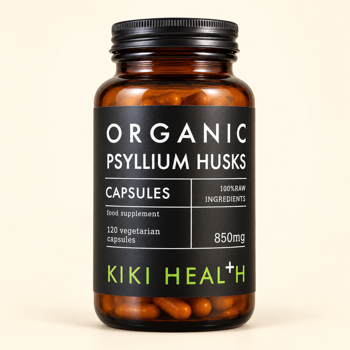 Kiki Psyllium Husks – 120 Capsules — product packaging on a warm cream background