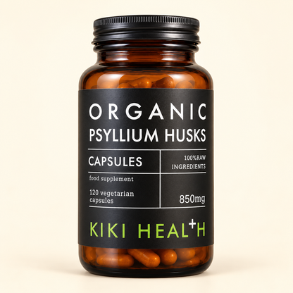 Kiki Psyllium Husks – 120 Capsules — product packaging on a warm cream background
