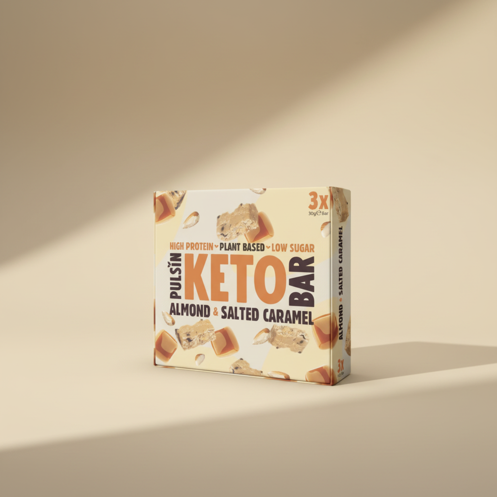 Box of Pulsin' Keto Bar Almond & Salted Caramel on a beige background