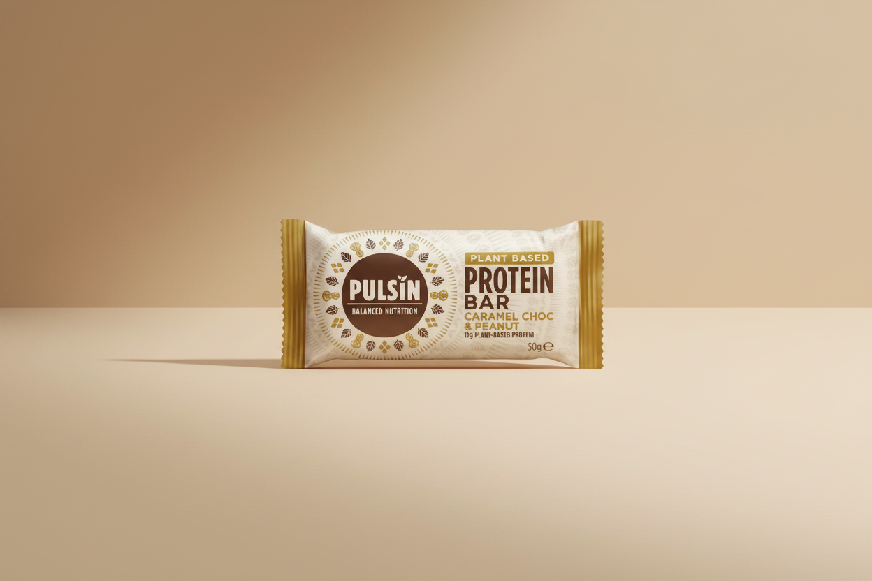 Pulsin' protein bar packaging with caramel choc & peanut flavor on a white background