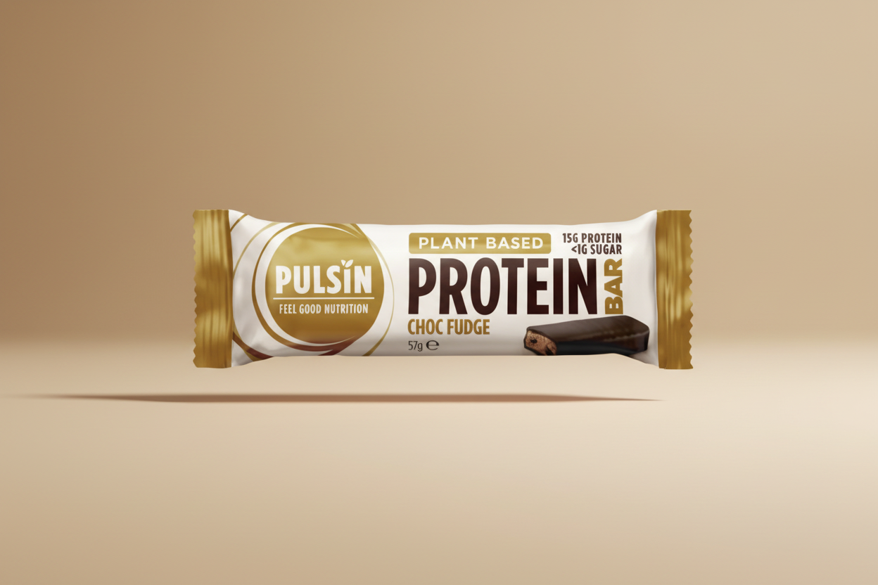 Pulsin' protein bar packaging with 'Choc Fudge' flavor on a white background