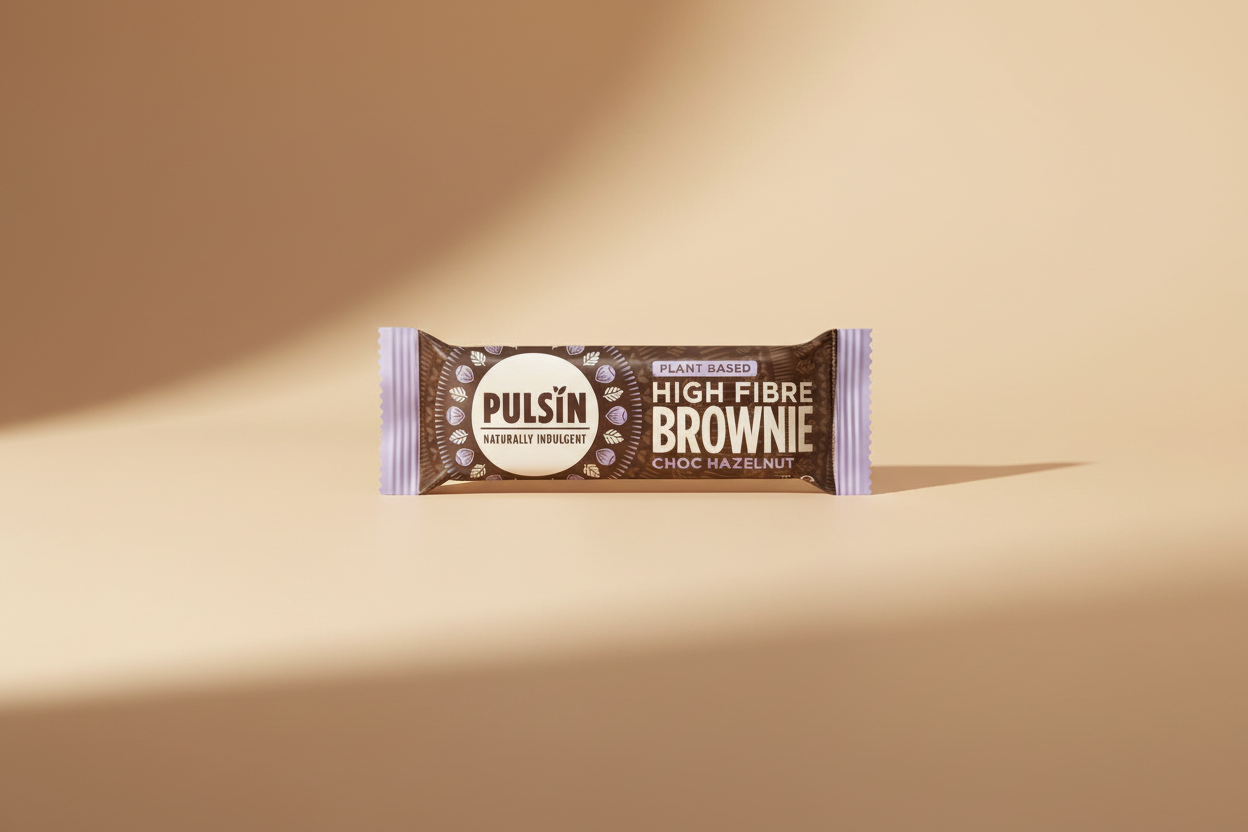 Pulsin' high fibre brownie bar packaging on a white background