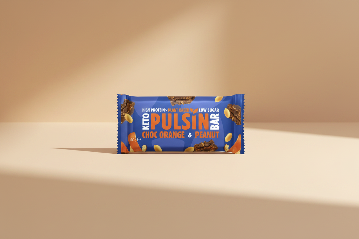 Keto Pulsin' Choc Orange & Peanut bar packaging on a white background