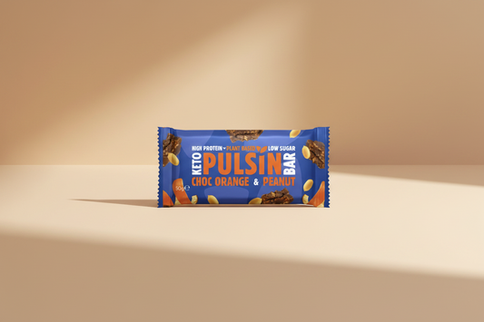 Keto Pulsin' Choc Orange & Peanut bar packaging on a white background