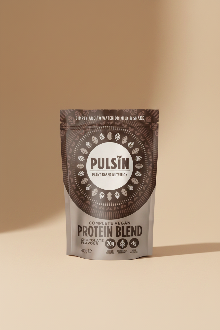 Pulsin' protein blend package with chocolate flavor on a white background