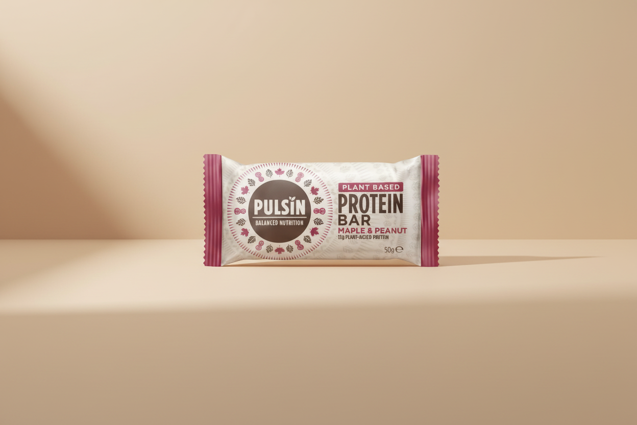 Pulsin' plant-based protein bar packaging with maple and peanut flavor on a white background