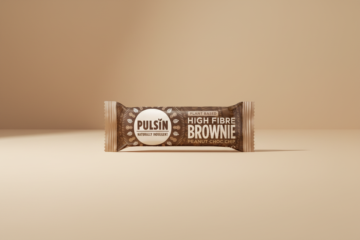 Pulsin' High Fibre Brownie Peanut Choc Chip bar packaging on a white background