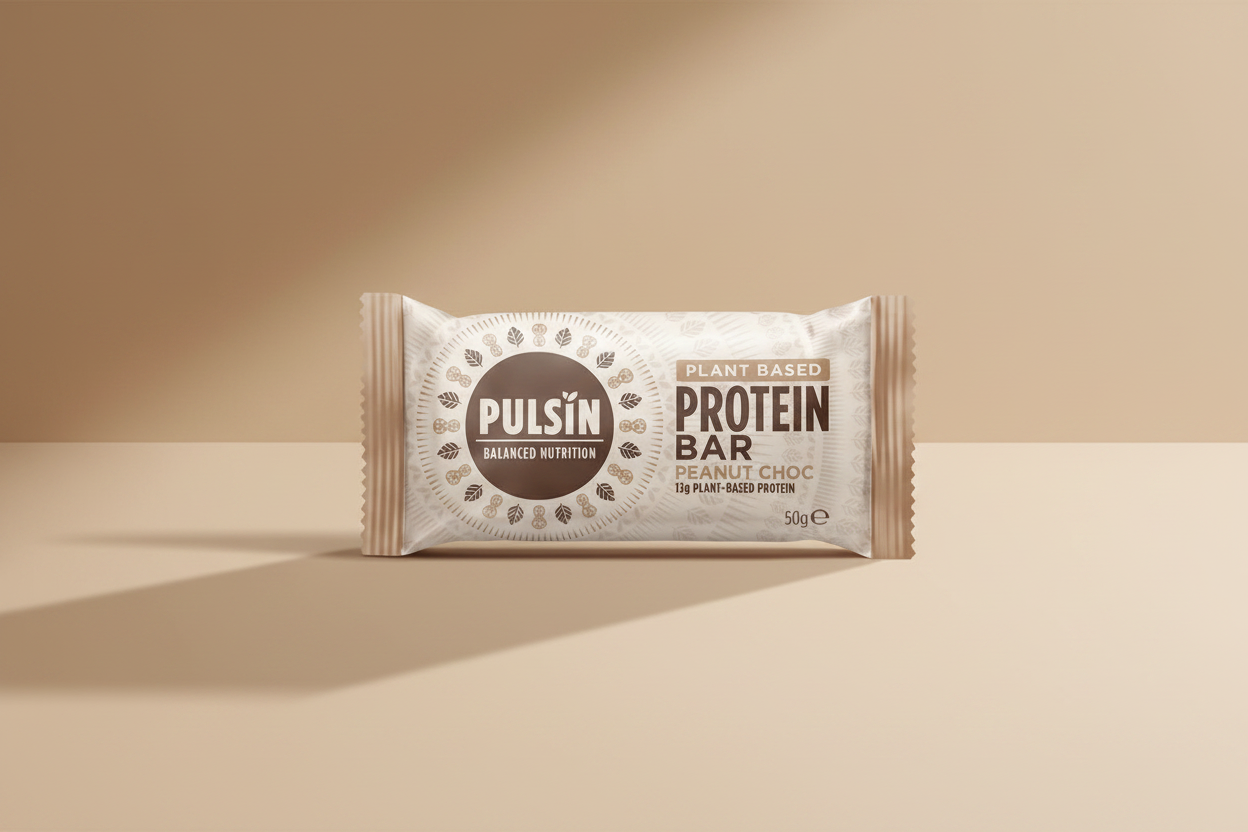 Pulsin' plant-based protein bar packaging on a white background