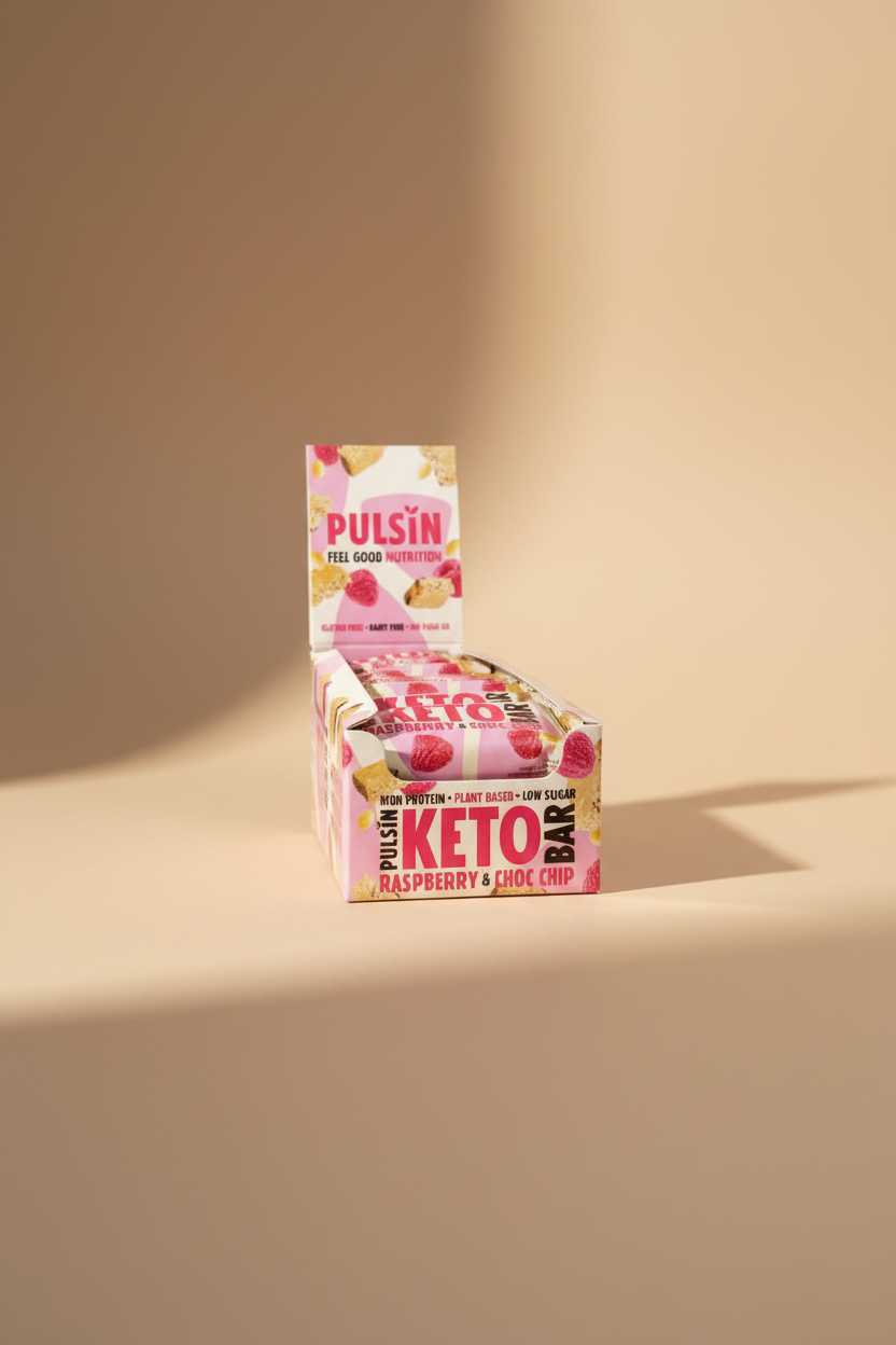 Pulsin Raspberry and Choc Chip Keto Bar case 18 x 50g