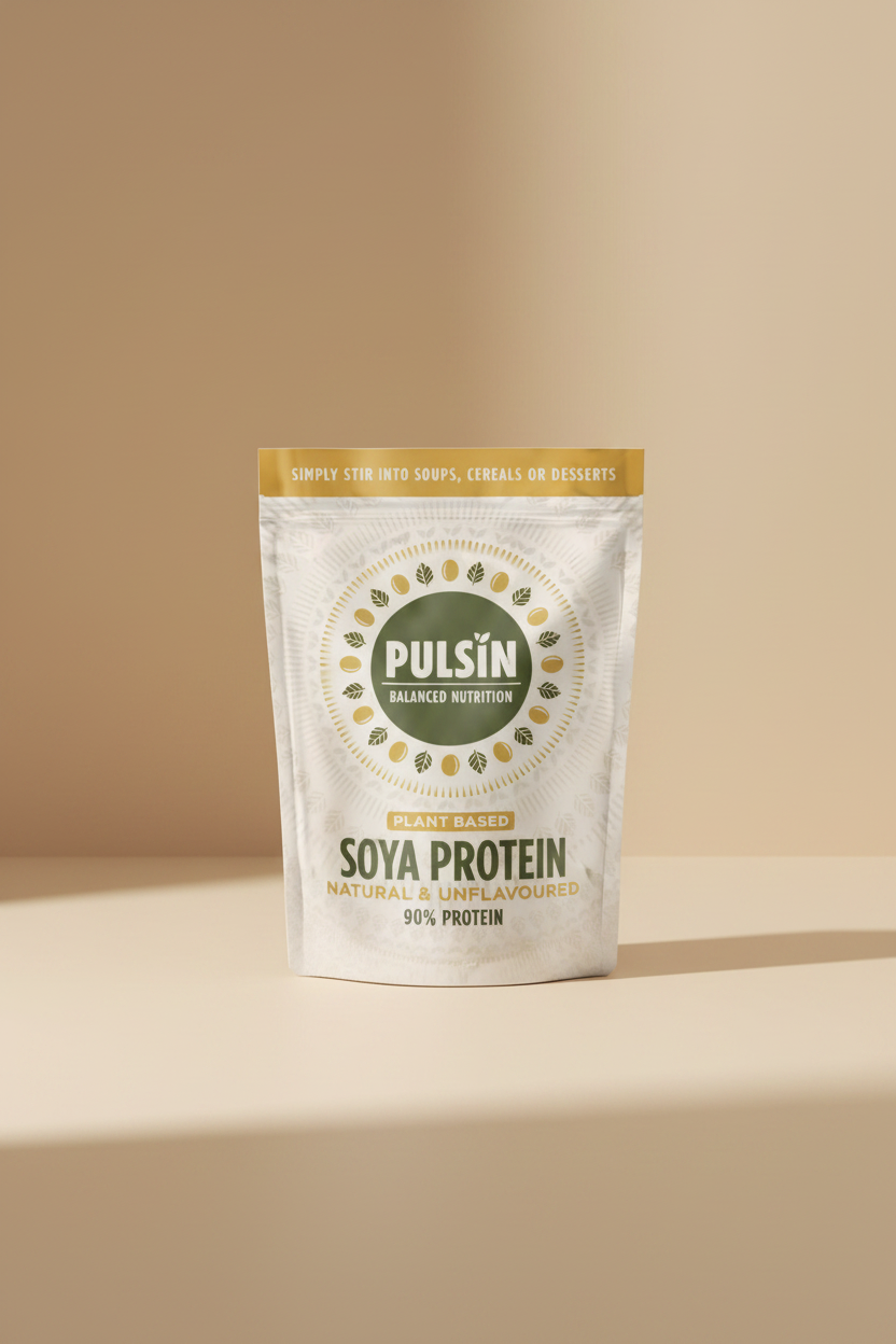 Pulsin' plant-based soya protein package with text on a blurred background