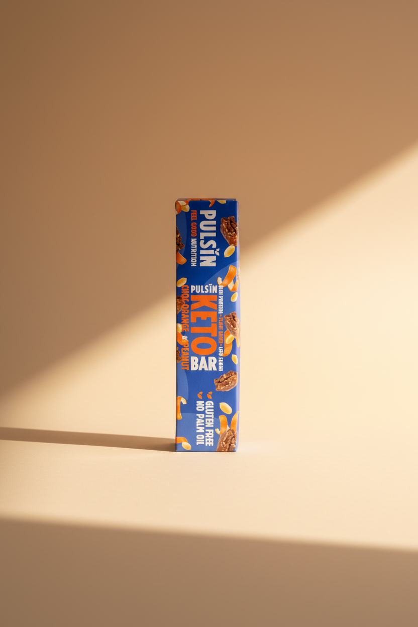 Pulsin' Keto bar packaging with blue background