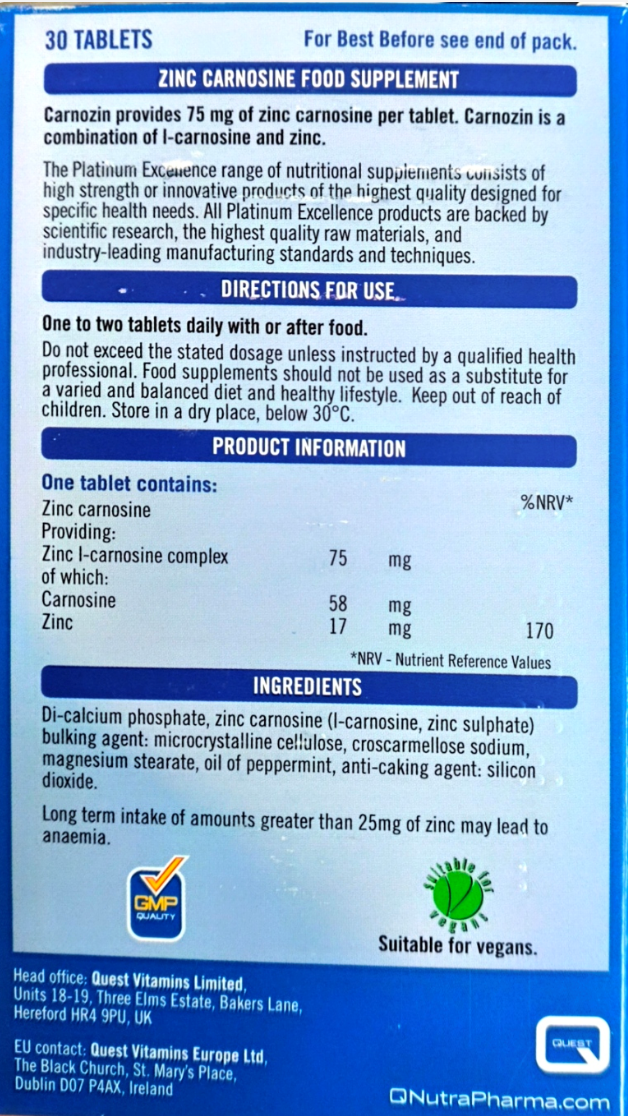 The back of a zinc carnosine supplement package, showing 30 tablets, directions, ingredients, and product information on a white background with a green footer.