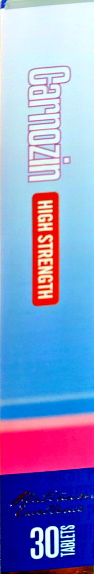 A close-up of a pharmaceutical product box showing the brand name 'Caltrozin' in white text, a red label reading 'HIGH STRENGTH', and '30 TABLETS' at the bottom.