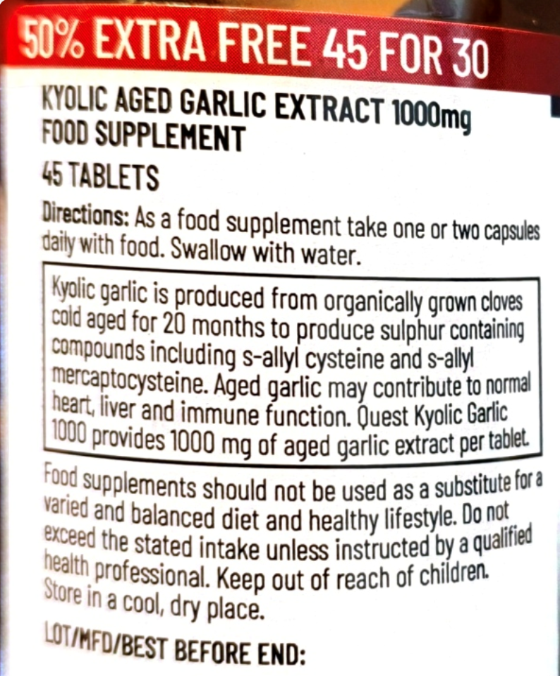 Quest Kyolic Garlic 1000mg 50 percent eXtra 45 tablets clean product image neutral background