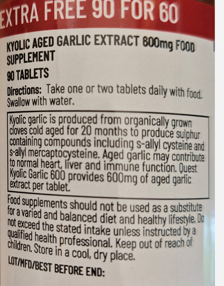 Supplement label for Kyolic Aged Garlic Extract with text and directions.