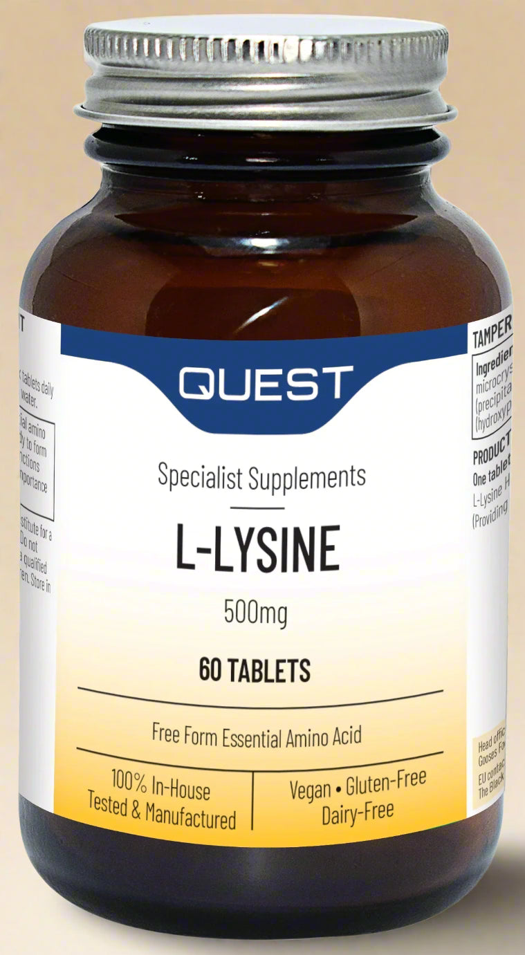 Quest L-Lysine 500mg 60 Tablets bottle front – buy in Ireland from IHS Irish Health Store