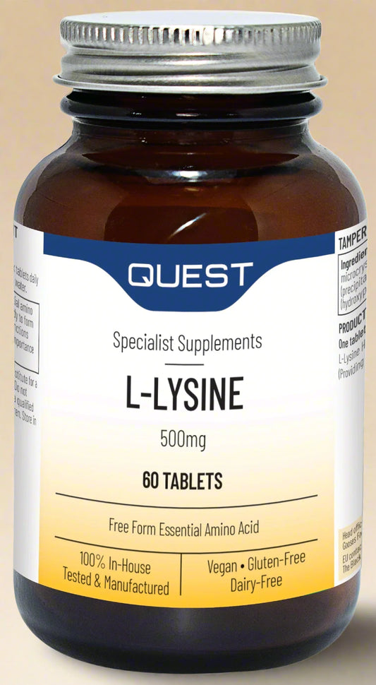 Quest L-Lysine 500mg 60 Tablets bottle front – buy in Ireland from IHS Irish Health Store